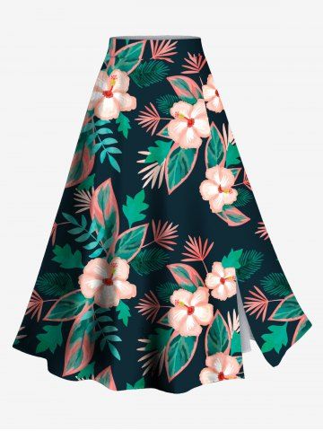 Plus Size Hibiscus Flowers Leaf Print Split Hawaii Skirt - BLACK - L