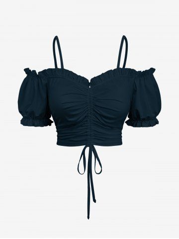 Plus Size Cinched Ruched Ruffles Cold Shoulder Cami Top - BLACK - M