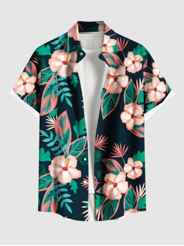Plus Size Hibiscus Flowers Leaf Print Buttons Pocket Hawaii Shirt For Men - BLACK - 6XL