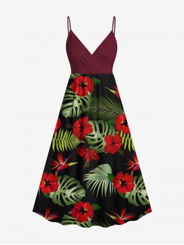 Plus Size Tropical Leaf Hibiscus Flower Print Hawaii Surplice A Line Cami Dress - RED - 3X
