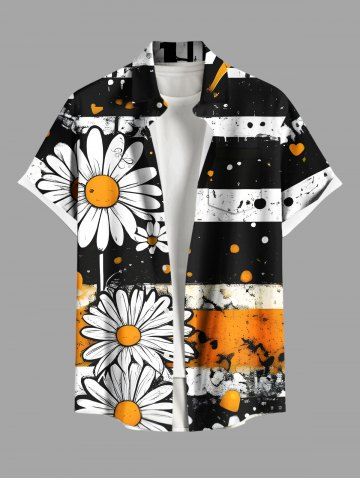 Plus Size Daisy Flower Ink Painting Striped Print Hawaii Button Pocket Shirt For Men - BLACK - 3XL