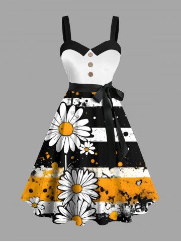 Plus Size Daisy Flower Ink Painting Striped Print Hawaii Button A Line Dress with Removable Belt - BLACK - 1X