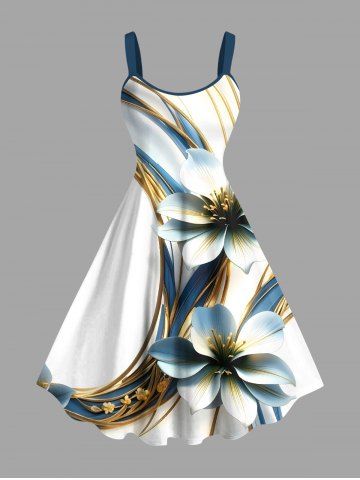 Plus Size Flowers Geometric Pattern Metallic Print Hawaii Tank Dress - WHITE - 4X