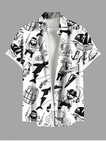 Plus Size Octopus Shark Anchor Pirate Print Hawaii Cruise Button Pocket Shirt For Men - WHITE - M