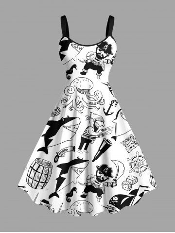 Plus Size Octopus Shark Anchor Pirate Print Hawaii Cruise A Line Tank Dress - WHITE - 5X