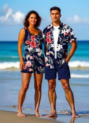 Ensemble chemise et barboteuse hawaïennes assorties, grande taille, imprimé feuilles tropicales et fleurs d'hibiscus, pour couples - Noir 