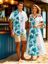 Ombre Flowers Leaf Print Plus Size Matching Hawaii Beach Outfit For Couples -  