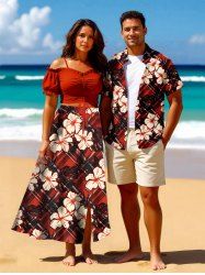 Tenue de plage hawaïenne assortie grande taille à imprimé feuilles tropicales et fleurs d'hibiscus pour couples - Rouge 
