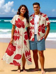 Tenue de plage hawaïenne assortie grande taille à imprimé tropical, motif fleur d'hibiscus et feuilles, pour couples - Rouge 