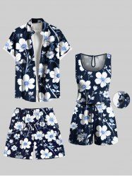 Ensemble chemise hawaïenne, short et barboteuse grande taille, imprimé branches d'hibiscus, pour couple - Bleu de Minuit 