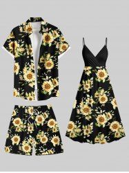 Sunflower Leaf Print Plus Size Matching Hawaii Beach Outfit For Couples -  