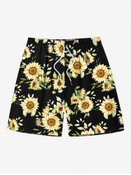 Short de plage hawaïen grande taille à imprimé feuilles de tournesol et poches avec cordon de serrage pour homme - Noir 5XL