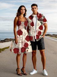 Tenue de plage hawaïenne assortie grande taille, motif rose, papillon, lettre, imprimé journal, pour couples - Rouge 
