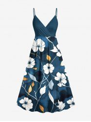 Plus Size Hibiscus Flower Leaf Ombre Print Hawaii Surplice A Line Cami Dress -  