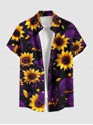 Chemise hawaïenne grande taille à imprimé tournesol et roses avec poches boutonnées pour homme - Pourpre  2XL