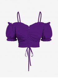 Plus Size Cold Shoulder Puff Sleeve Solid Cinched Top -  