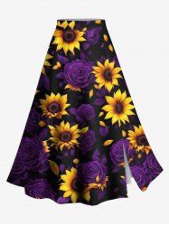 Jupe trapèze fendue hawaïenne grande taille à imprimé tournesol et roses - Pourpre  6X