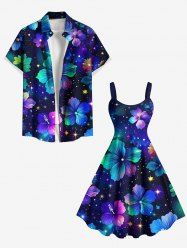 Tenue de plage hawaïenne assortie grande taille à imprimé fleurs d'hibiscus Galaxy Star pour couples - Noir 