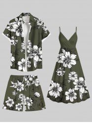 Flowers Leaf Print Plus Size Matching Hawaii Beach Outfit For Couples -  