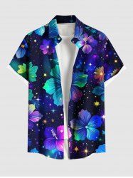 Plus Size Galaxy Star Hibiscus Flowers Print Buttons Pocket Hawaii Shirt For Men -  