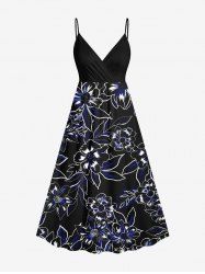 Plus Size Flowers Leaf Print Surplice Hawaii Cami Dress -  