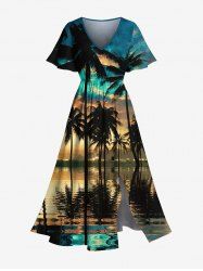 Robe mi-longue hawaïenne fendue grande taille à imprimé cocotiers, reflets marins et nuages - Vert XS
