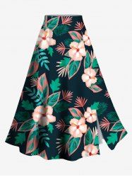 Plus Size Hibiscus Flowers Leaf Print Split Hawaii Skirt -  