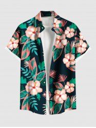 Plus Size Hibiscus Flowers Leaf Print Buttons Pocket Hawaii Shirt For Men -  
