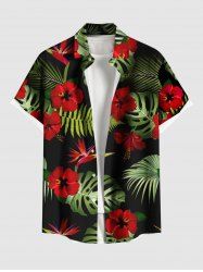 Plus Size Tropical Leaf Hibiscus Flower Print Hawaii Button Pocket Shirt For Men -  