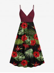 Plus Size Tropical Leaf Hibiscus Flower Print Hawaii Surplice A Line Cami Dress -  