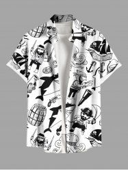 Chemise grande taille à imprimé pirate, requin, ancre, poulpe, croisière hawaïenne, boutonnée et poche pour homme - Blanc S