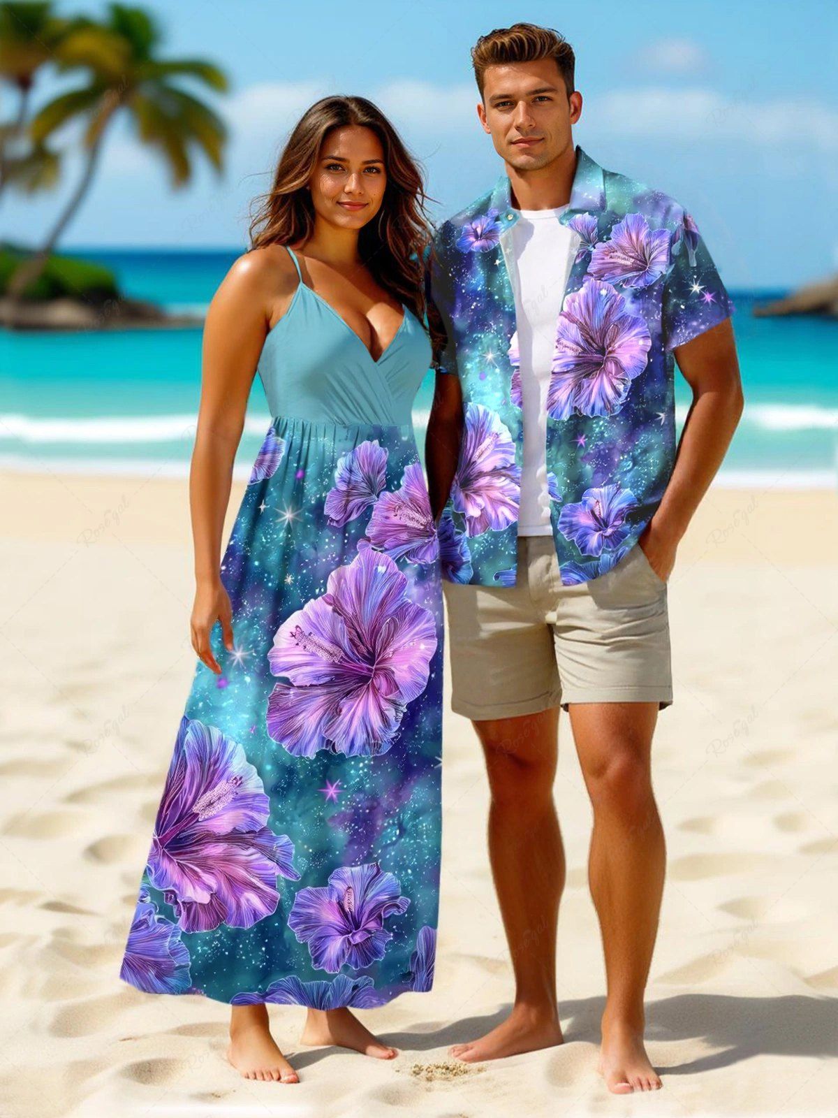 Affordable Galaxy Tie Dye Hibiscus Flowers Print Plus Size Matching Hawaii Beach Outfit For Couples  
