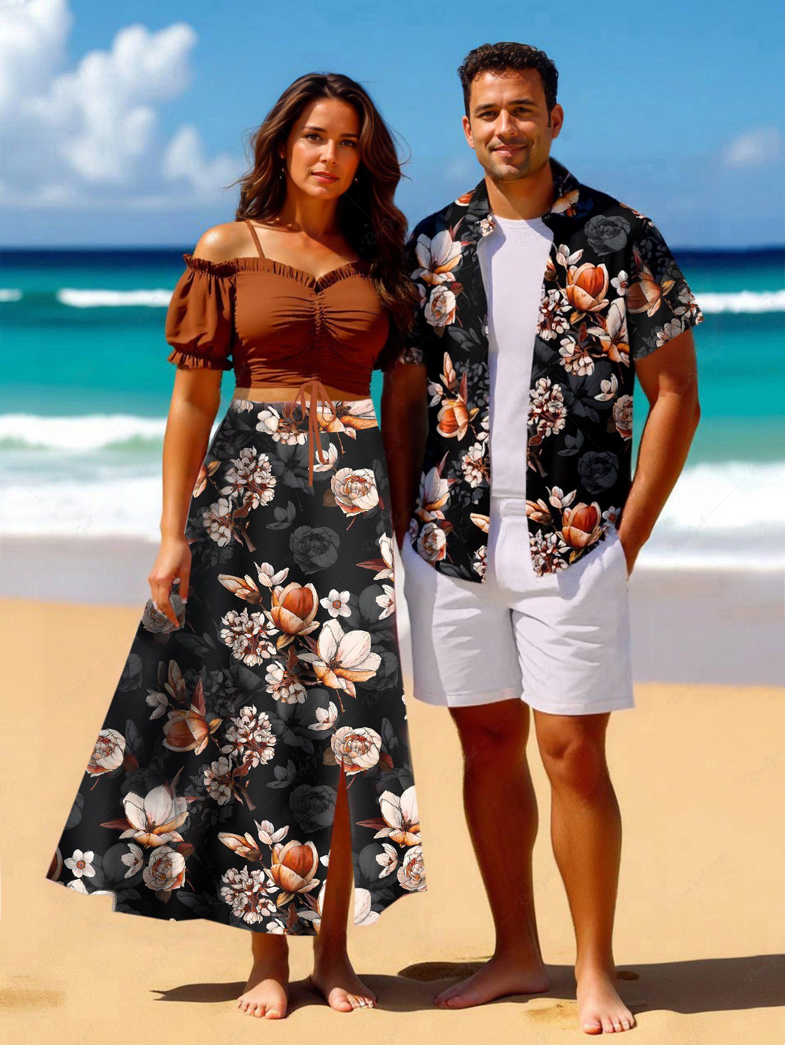 Store Ombre Flower Branch Print Plus Size Matching Hawaii Beach Outfit For Couples  
