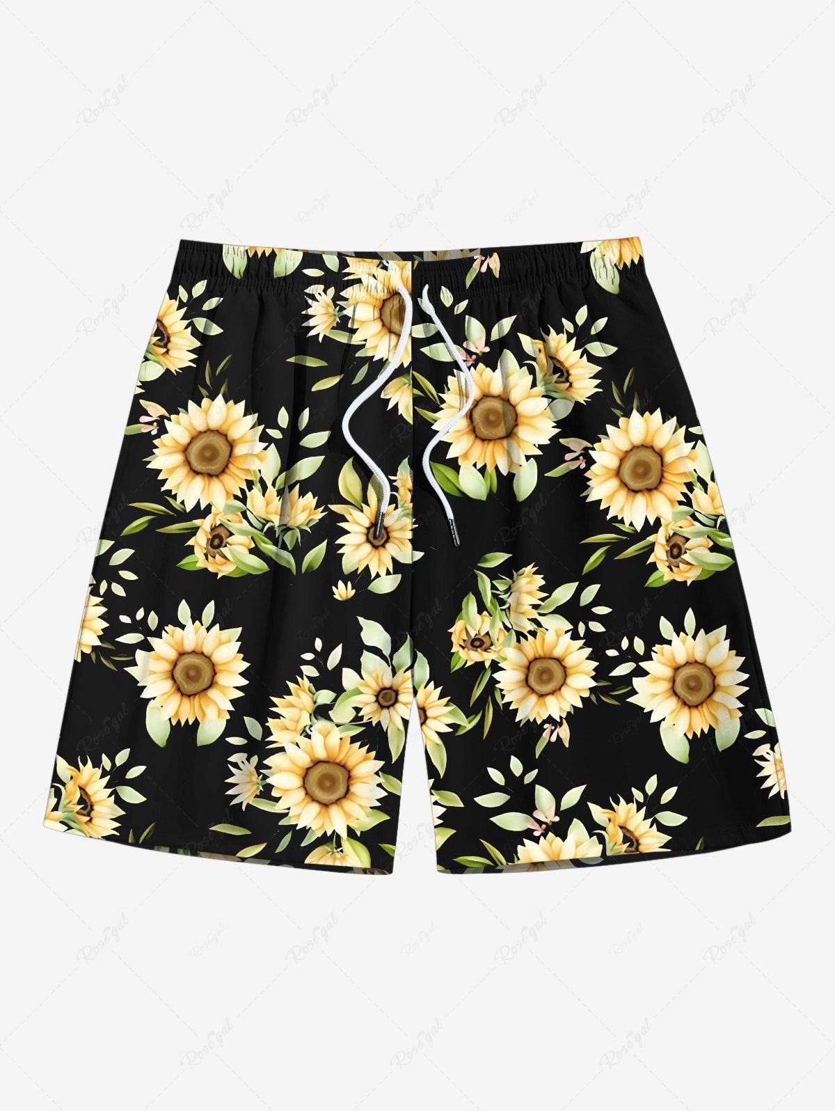 Trendy Plus Size Sunflower Leaf Print Hawaii Drawstring Pocket Beach Shorts For Men  