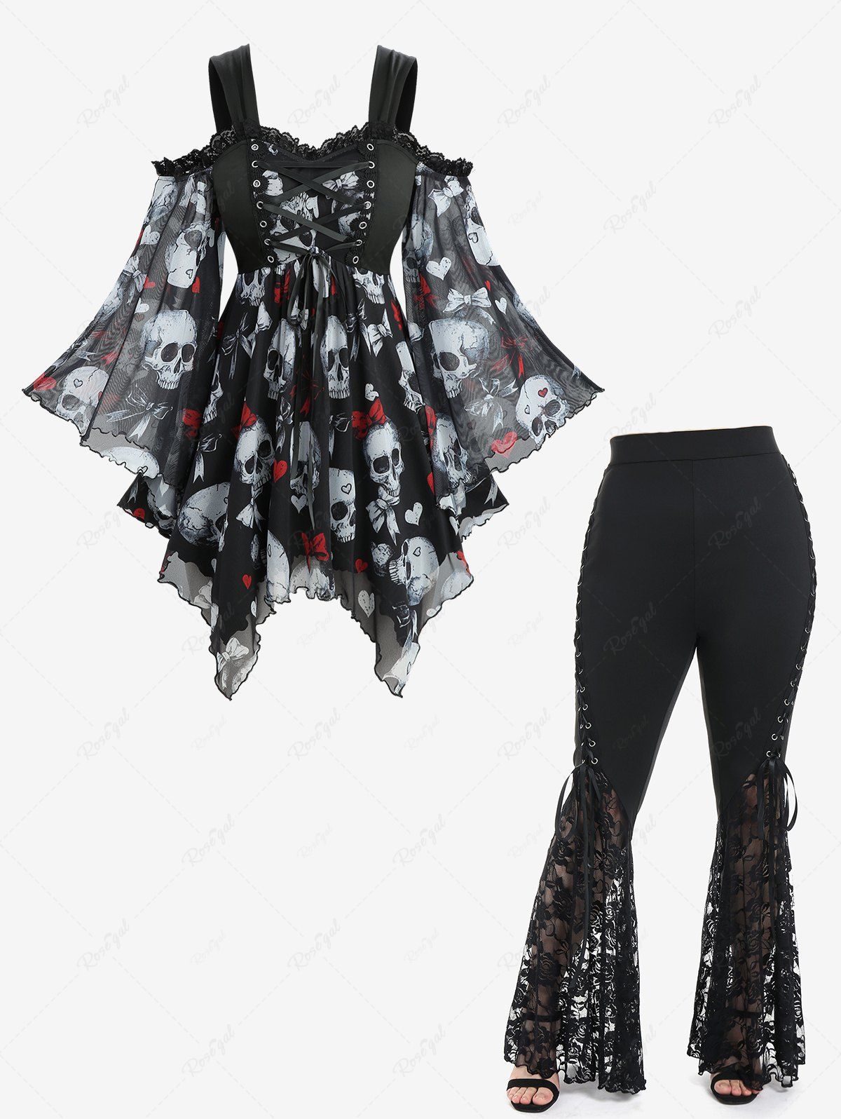 Buy Skull Bowknot Heart Print Mesh Handkerchief Top and Lace Panel Flare Pants with Lace-up Plus Size Outfit  