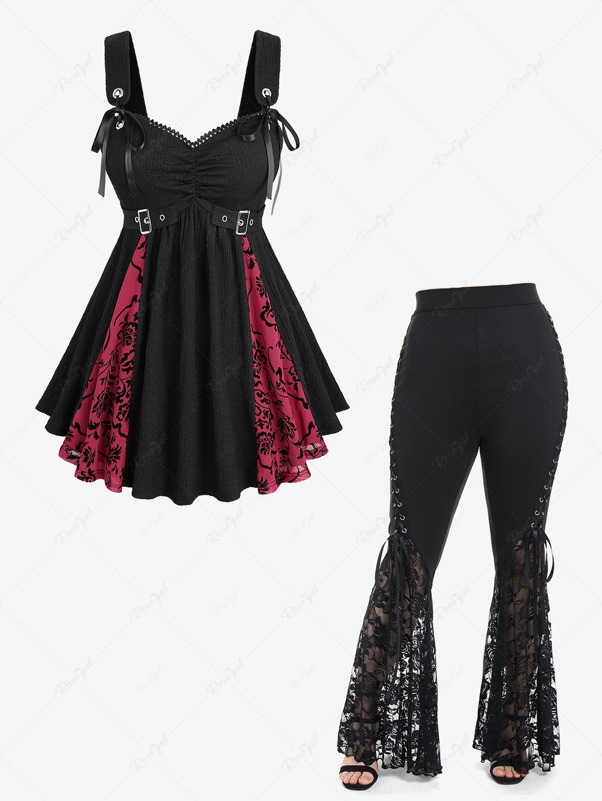 Unique Flower Mesh Flocking Patchwork Textured Top and Lace Panel Flare Pants with Lace-up Plus Size Outfit  