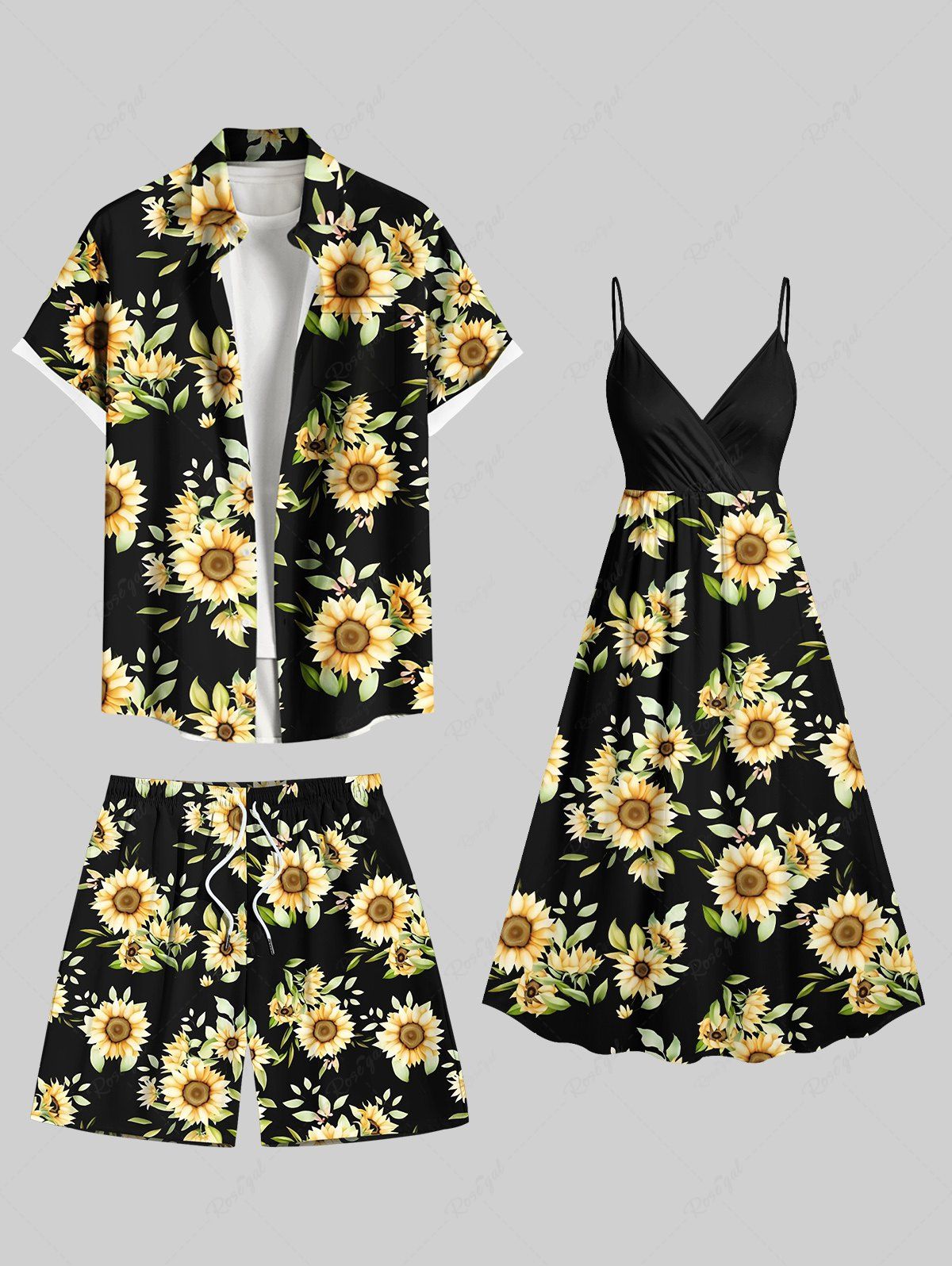 Trendy Sunflower Leaf Print Plus Size Matching Hawaii Beach Outfit For Couples  