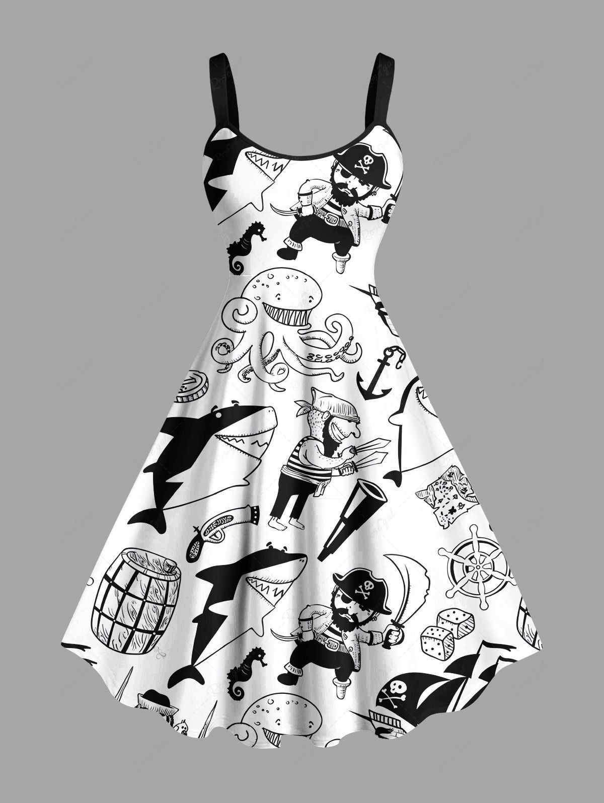 New Plus Size Octopus Shark Anchor Pirate Print Hawaii Cruise A Line Tank Dress  