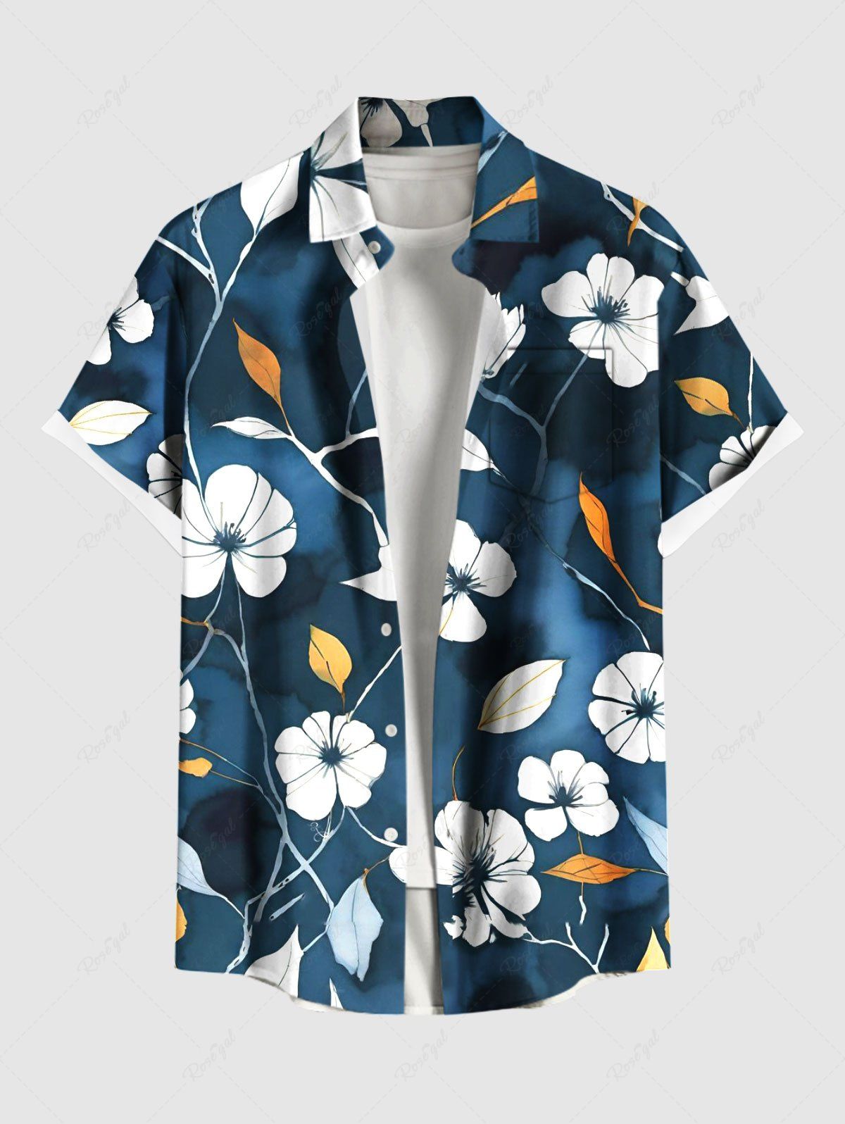 Discount Plus Size Hibiscus Flower Leaf Ombre Print Hawaii Button Pocket Shirt For Men  