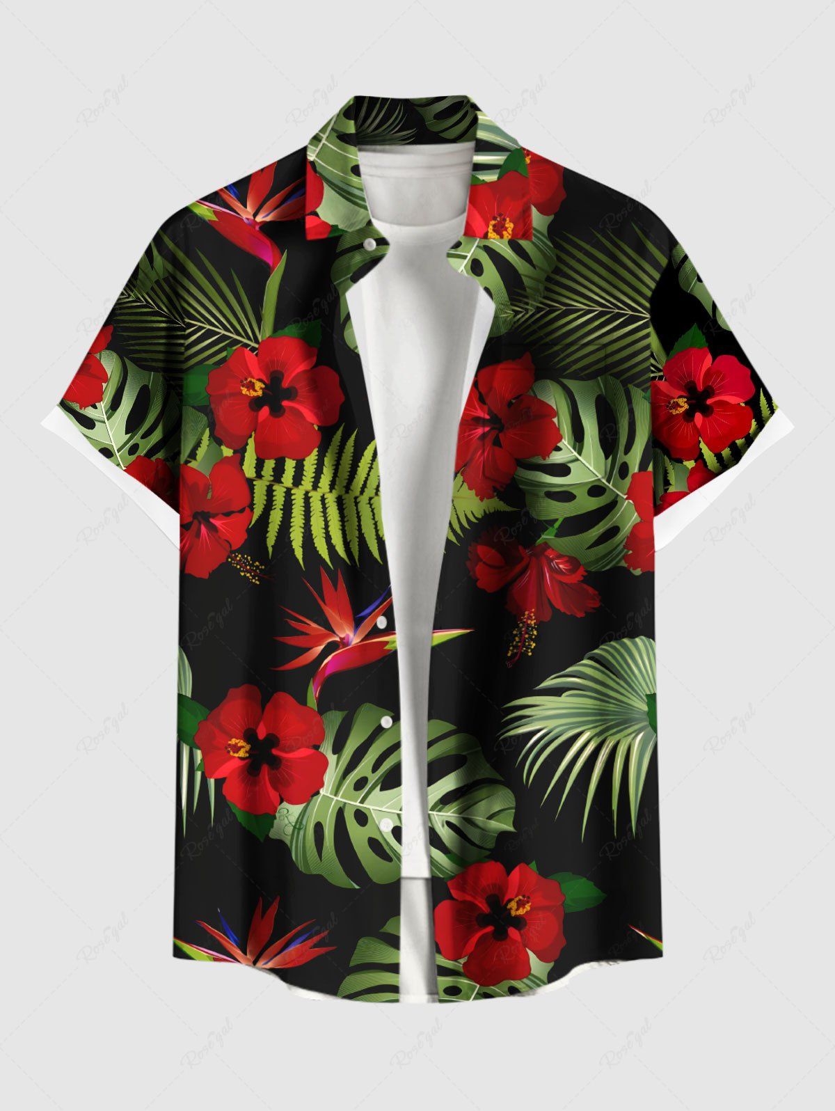 Shops Plus Size Tropical Leaf Hibiscus Flower Print Hawaii Button Pocket Shirt For Men  