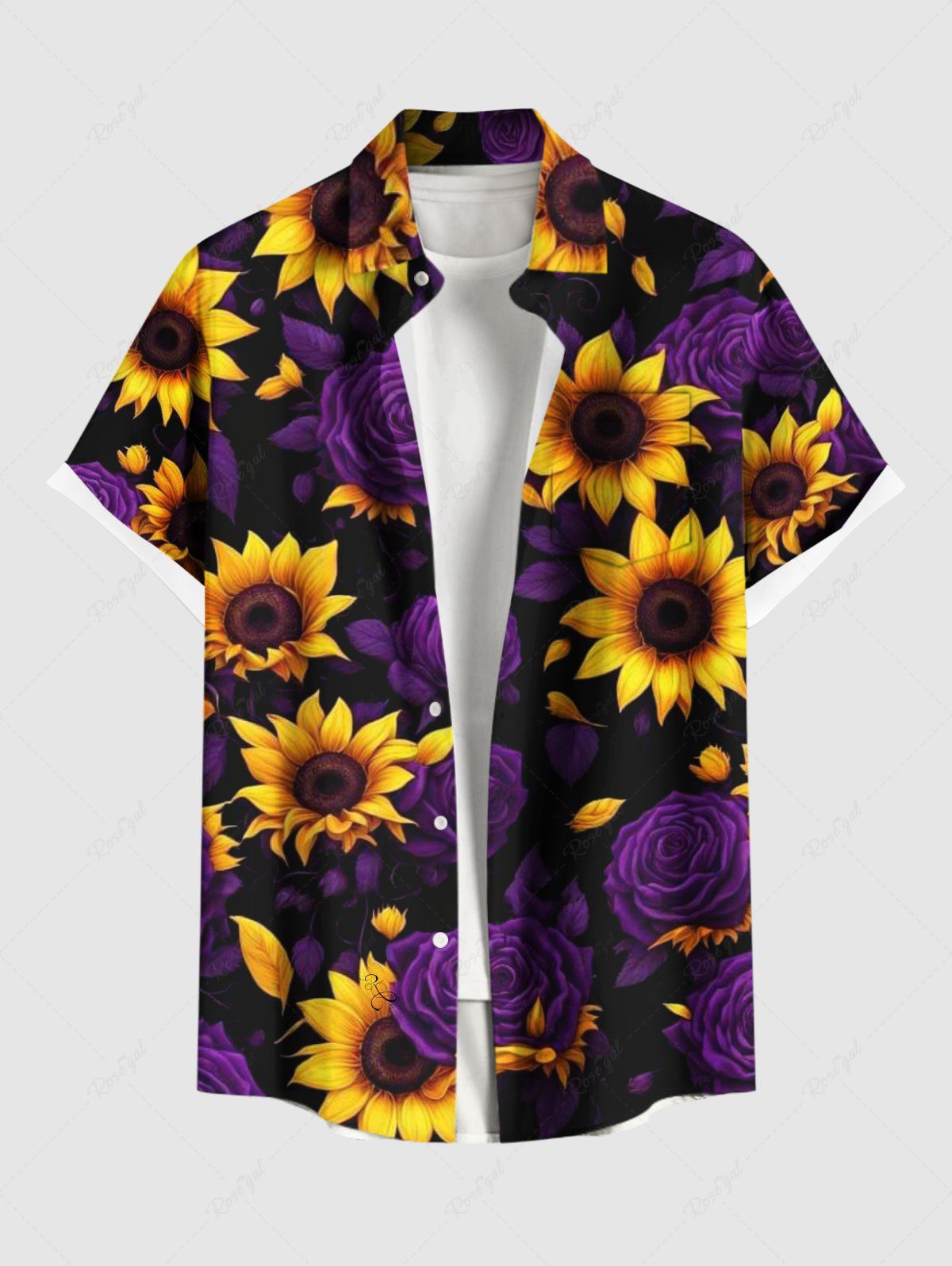 Chemise hawaïenne grande taille à imprimé tournesol et roses avec poches boutonnées pour homme Pourpre  2XL