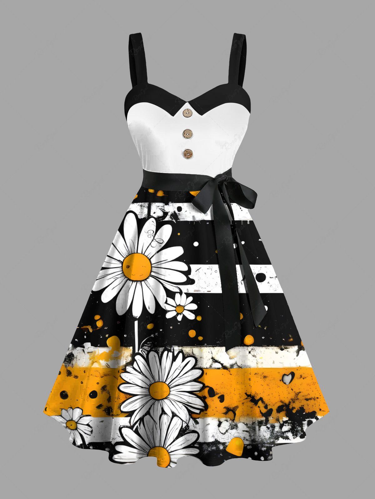 Outfit Plus Size Daisy Flower Ink Painting Striped Print Hawaii Button A Line Dress with Removable Belt  