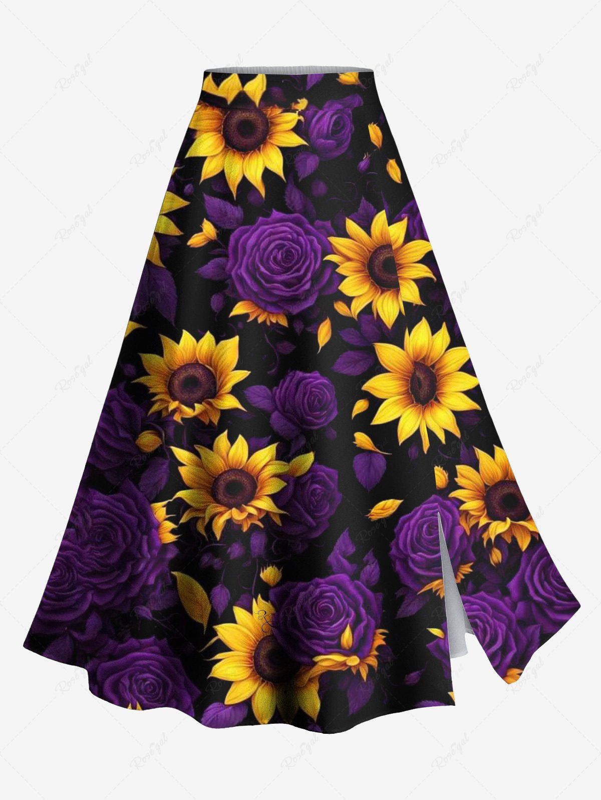 Jupe trapèze fendue hawaïenne grande taille à imprimé tournesol et roses Pourpre  6X
