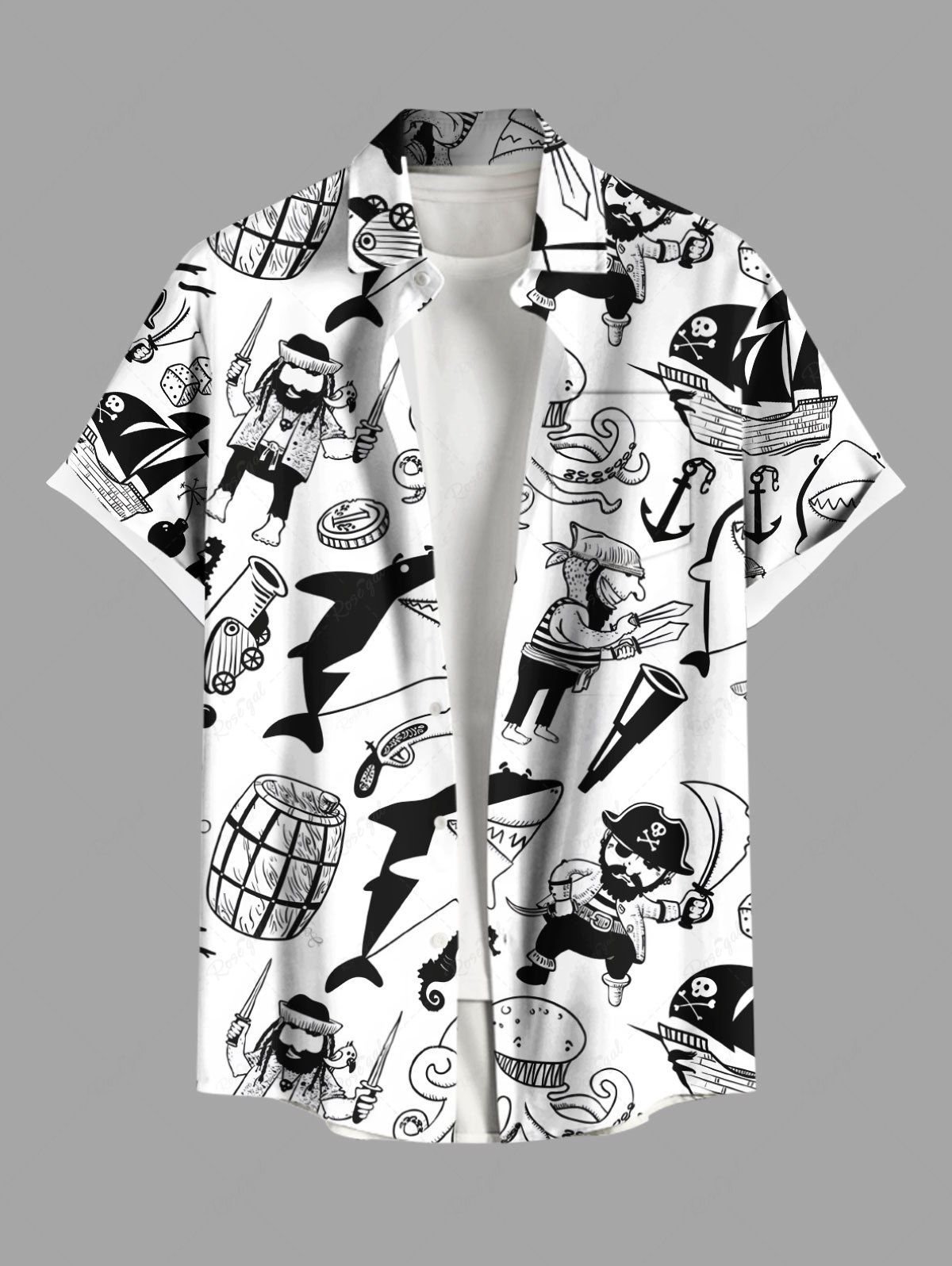 Fashion Plus Size Octopus Shark Anchor Pirate Print Hawaii Cruise Button Pocket Shirt For Men  