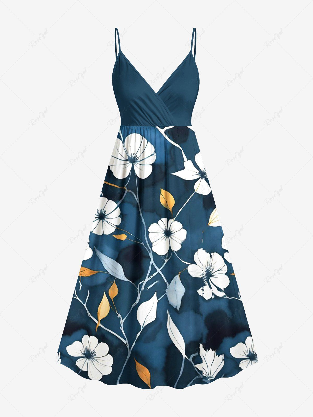 Cheap Plus Size Hibiscus Flower Leaf Ombre Print Hawaii Surplice A Line Cami Dress  