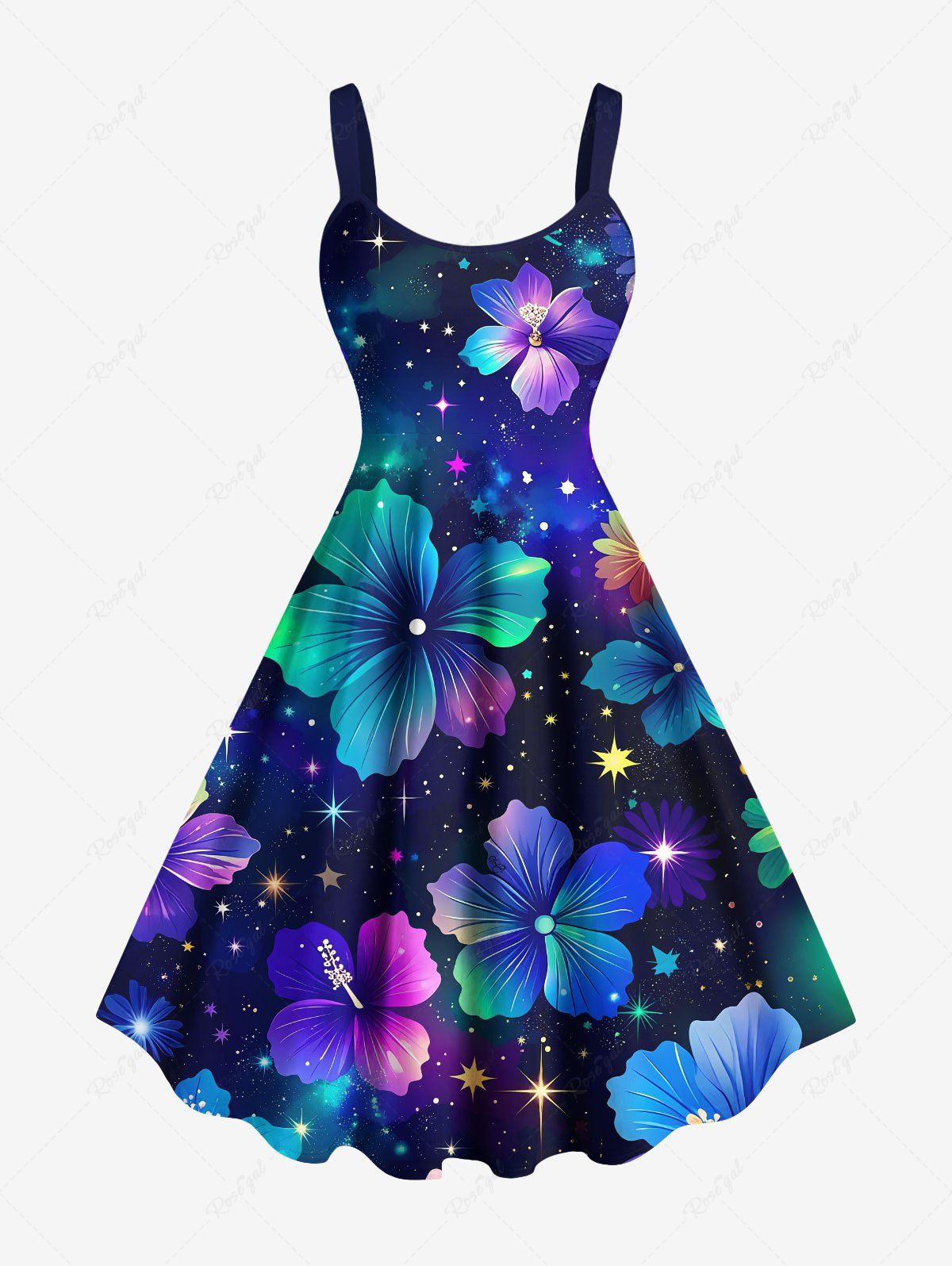 Robe débardeur hawaïenne grande taille à imprimé galaxie, étoiles, fleurs d'hibiscus Noir 6X