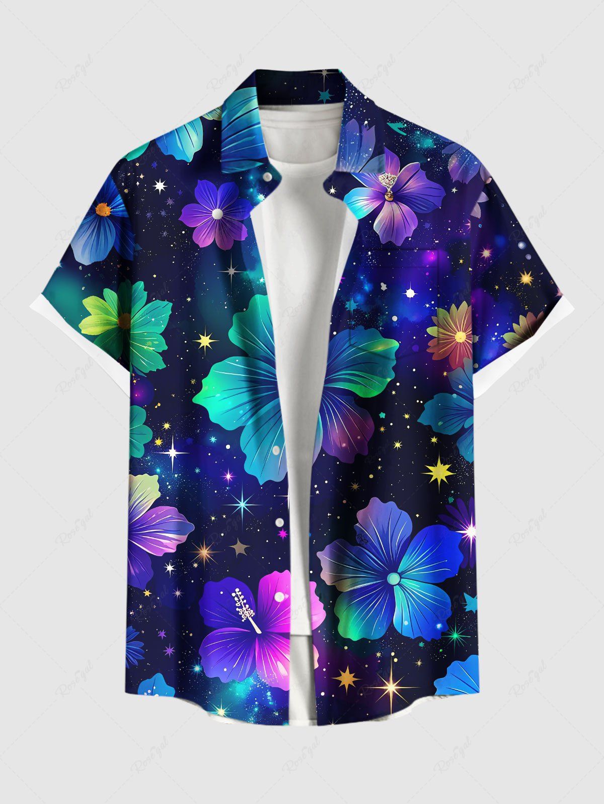 Trendy Plus Size Galaxy Star Hibiscus Flowers Print Buttons Pocket Hawaii Shirt For Men  