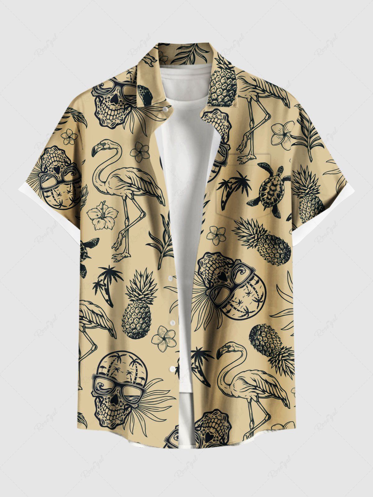 Trendy Plus Size Pineapple Skulls Flowers Leaf Flamingo Print Buttons Pocket Hawaii Shirt For Men  