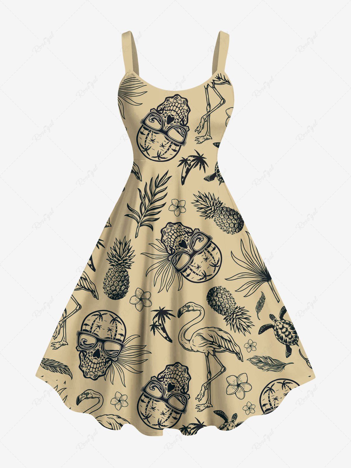 Unique Plus Size Pineapple Skulls Flowers Leaf Flamingo Print Hawaii Tank Dress  