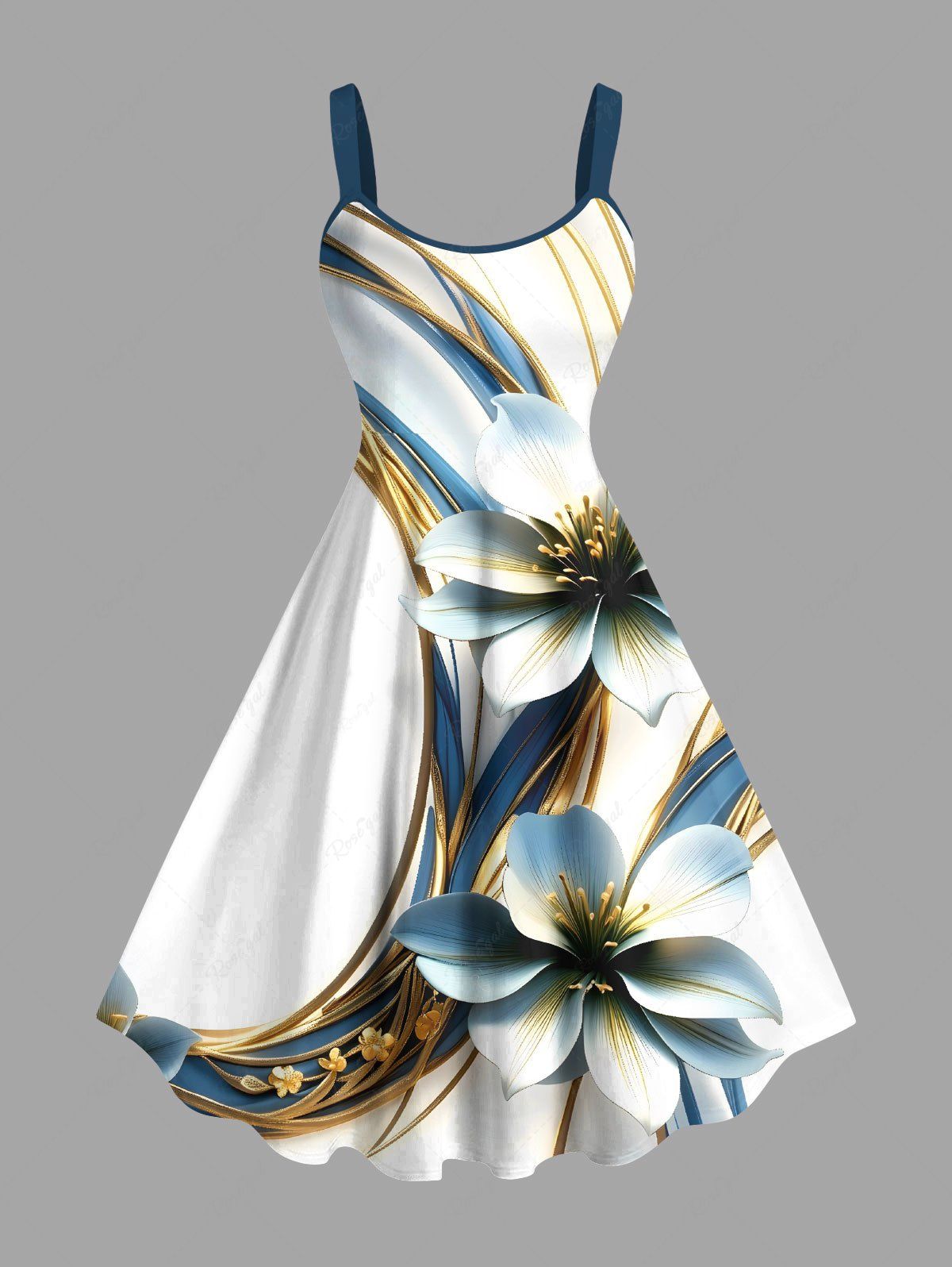 Unique Plus Size Flowers Geometric Pattern Metallic Print Hawaii Tank Dress  